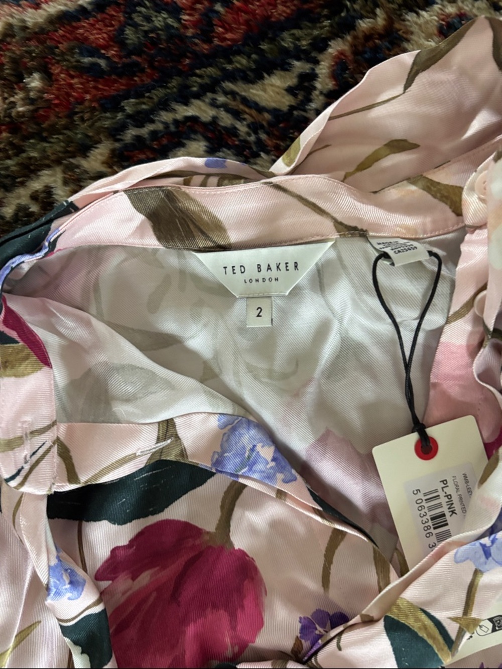 Ted Baker Pink Floral Silk Top with Multicolor Blooms Self tie button up